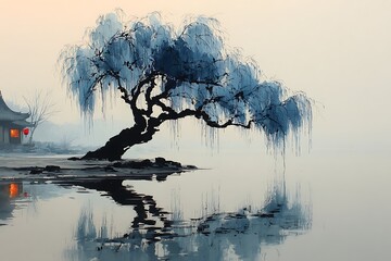 Golden sunset scene with willow reflection high resolution picture