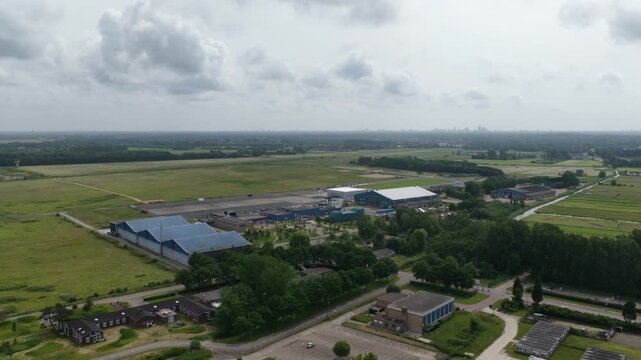 Theather at former millitary airfield base, Valkenburg between Wassenaar, Katwijk and Leiden. The Netherlands. Aerial video.
