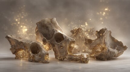 Obraz premium Golden Hour Fossil Fragments of Javanthropus in Artistic Display with Sparkling Effects
