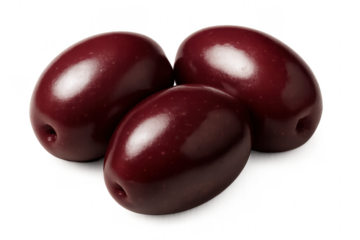 Three kalamata olives creating a triangular composition on transparent background