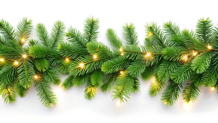 Photo of christmas tree branch garland with warm glowing lights isolated on white background, festive holiday decoration