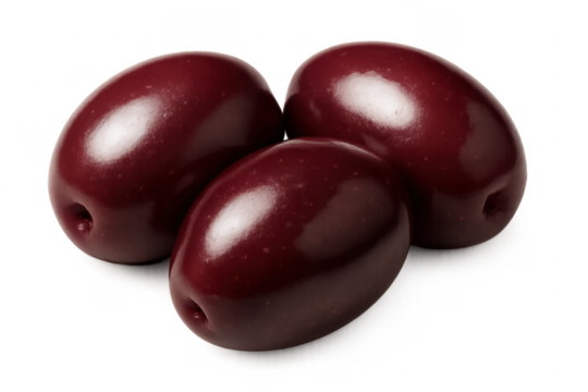 Three kalamata olives creating a triangular composition on transparent background - Powered by Adobe