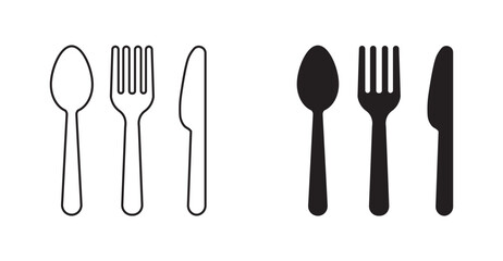 Cutlery outline and silhouette icon set . Fork spoon knife black icons, silverware silhouettes on white background. 