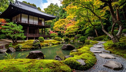 池のある古い日本庭園の苔むした岩（Moss-Covered Rocks in an Ancient Japanese Garden with a Pond）

