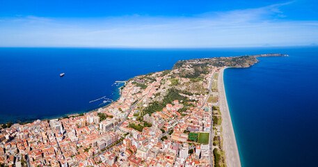 Milazzo city beach aerial panoramic view, Sicily