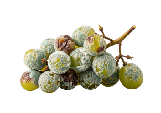 A macro photo of 7-9 green grapes with white and bluish-green mold, deteriorating on a woody vine segment, isolated on a clean transparent background, precise study of organic decay