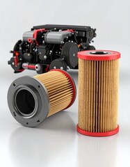 Two oil filters beside a car engine