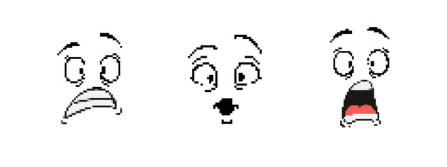 Obraz premium Three pixel art emoji faces express emotions: surprise, reflection, and shouting in mosaic style.