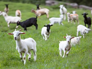 Fototapeta premium Playful Goats Grazing in a Green Meadow: Farm Animals and Wildlife in Rural Pastures - Sustainable Organic Farming