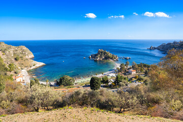 Isola Bella beach aerial panoramic view in Taormina