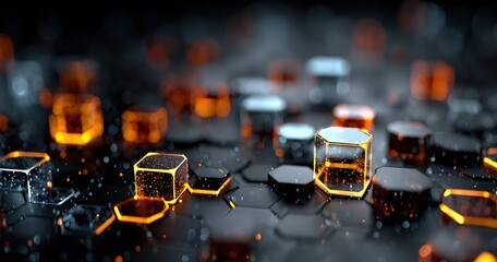 Abstract 3D hexagonal honeycomb with glowing orange cubes, scattered bokeh. Futuristic digital art