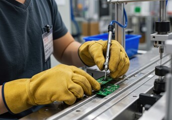 Factory worker hands assembling a product on a modern assembly line manufacturing industry and mass production