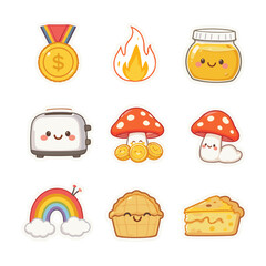 Fototapeta premium Collection of cute stickers featuring a medal, flame, honey jar, toaster, mushrooms, rainbow, and pies