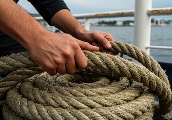 Fototapeta premium Sailor hands coiling a thick wet rope on the deck of a fishing boat close up of nautical work