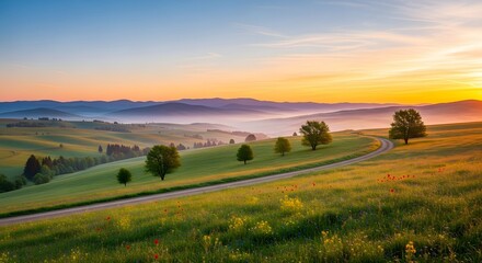 Obraz premium Picturesque landscape of rolling hills with a road at sunrise