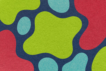 Abstract red, green and blue background with amorphous shapes and spots, paper texture in flat organic design