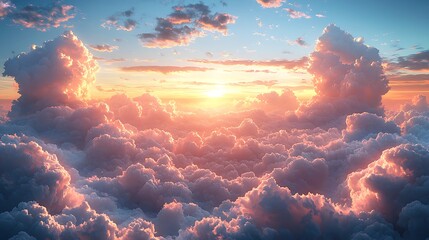 A dramatic view of fluffy cumulus clouds gathering in a vibrant sky, bathed in warm sunset light, casting long shadows over the landscape. The clouds appear alive with swirling motion 