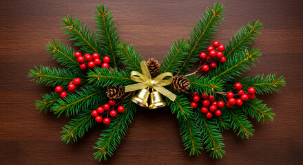 Fototapeta premium Christmas wreath with pine cones, golden bells, red berries. Holiday garland on wood background for winter decoration.