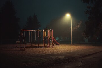 Eerie Playground at Night: Swings, Slide, and Streetlight Glow