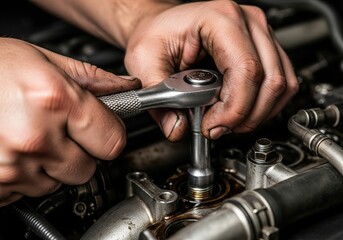 Fototapeta premium Mechanic hands in dirty gloves repairing a car engine with a wrench in a service workshop close up view