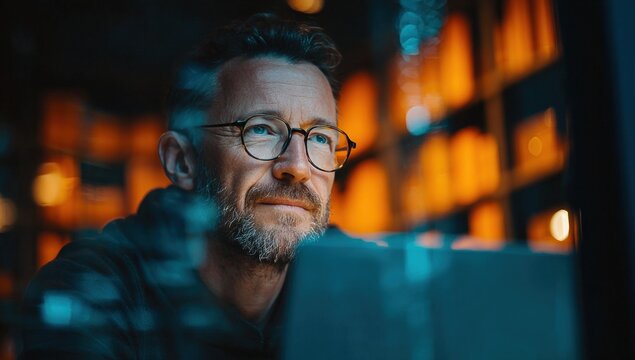 A man with glasses looks at a laptop screen in a dimly lit space, city lights blurred in background