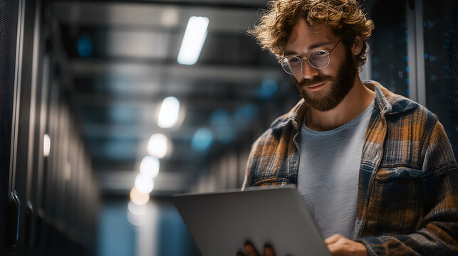 Young Technicians using a Digital Tablet while Working in a Server Room
