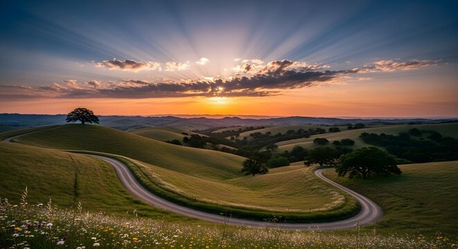 Winding road through rolling hills at sunset with sunbeams shining through - Powered by Adobe