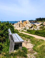 Coastal bench on a grassy path