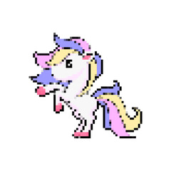 A pixel unicorn icon with a colorful mane and tail, crafted in a retro sprite, mosaic style.
