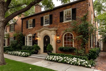Traditional brick house front view high resolution picture