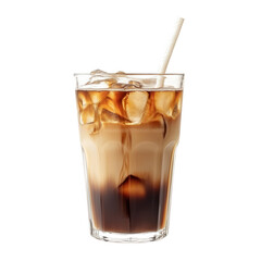 Refreshing iced coffee with cream and ice cubes in tall glass with straw isolated perfect for cafe menus transparent background