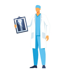 Doctor examining an X-ray of a knee joint, medical professional in a lab coat holding a diagnostic image, healthcare and science illustration