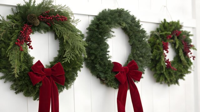 Photo of three festive christmas wreaths made of evergreen branches with red velvet bows and berries, hanging on a white wooden wall
