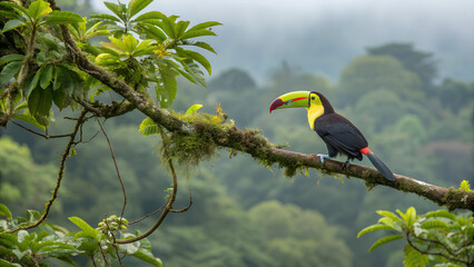 A toucan with a colorful beak sits on a branch in a lush green forest
