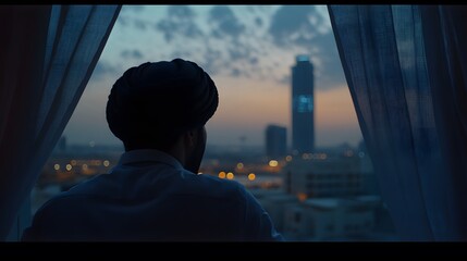 Fototapeta na wymiar Silhouette Man Cityscape Window View Dusk