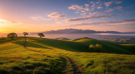 Scenic sunset over the rolling hills of tuscany with a winding dirt road
