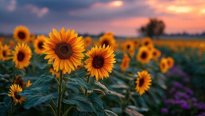Fototapeta premium A vibrant field of sunflowers basks in the warm glow of a sunset, with a hint of purple flowers and a single tree in the distance