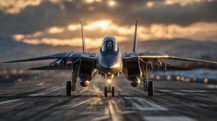 Cinematic front perspective, warplane on runway with powerful stance, flag blowing dramatically, metallic surfaces reflecting golden light, showcasing USAF innovation