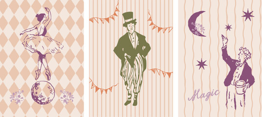 Circus set of Nursery Posters for Kids Room in retro style. Vector vertical Carnival Postcards for print