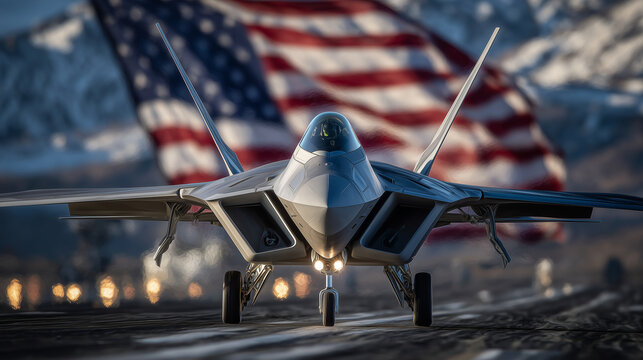 Powerful USAF fighter jet aligned with runway lights, front-facing perspective, giant flag in background rippling in wind, emphasizing defense, technology, and aviation dominance