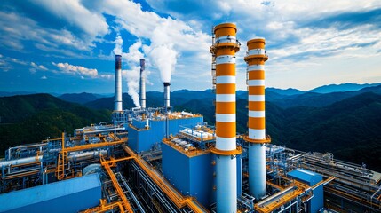 Biomass power plant with visible syngas processing units and modern energy infrastructure