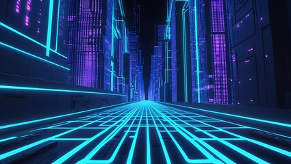 Neon Cyberpunk Cityscape Perspective Through Digital Grid Streets at Night