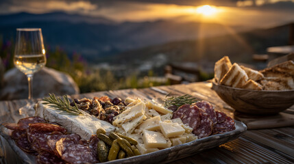 Rustic wooden table laden with charcuterie and cheeses, thinly sliced salami, creamy cheese wedges, pickles arranged artistically, with a golden sunset over mountains and clouds gl