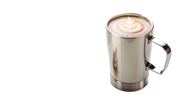 Stainless steel coffee mug with latte art isolated on transparent background, perfect for a cozy and artistic coffee break