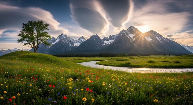 Majestic mountain range with a vibrant meadow, a flowing river, and a lone tree