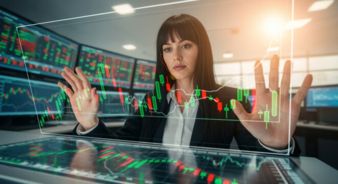 Female financial analyst interacting with a futuristic holographic stock market chart. Businesswoman using advanced technology for data analysis.