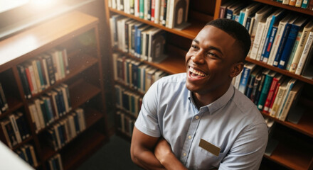 Happy young black man laughing in a sunlit library. Joyful African American student surrounded by books.