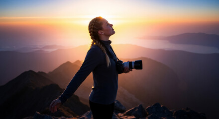 Female photographer with a camera on a mountain peak at sunrise. Woman enjoying the view during a travel adventure.