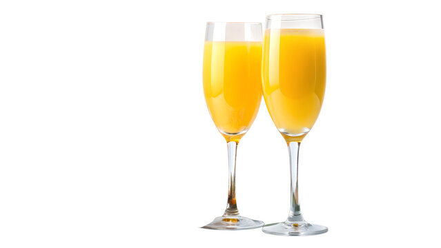 Two glasses of mimosa cocktail isolated on transparent background, perfect for brunch or celebration, drink made with champagne and orange juice