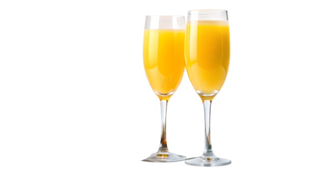 Two glasses of mimosa cocktail isolated on transparent background, perfect for brunch or celebration, drink made with champagne and orange juice